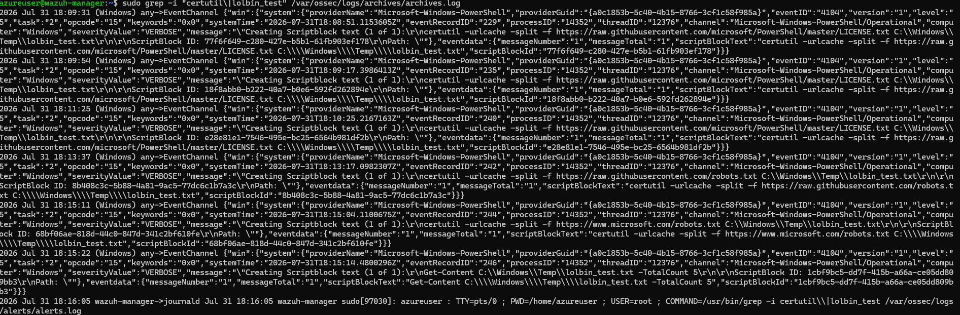 archives.log entry for the PowerShell script block running certutil