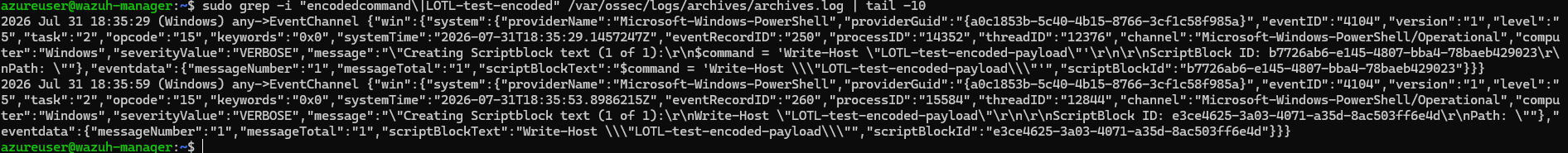 archives.log showing both the encoded and auto-decoded script block events